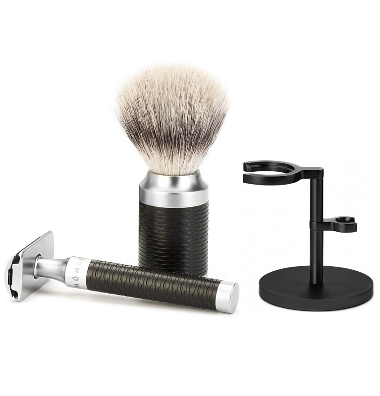 Комплект для бритья Muhle Rocca Black Silver: бритва, помазок + подставка в подарок | Max Moore